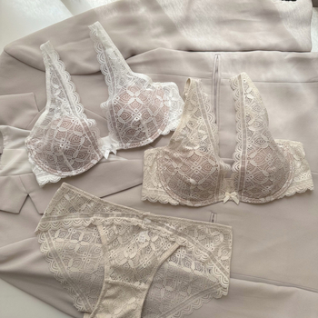 Set podprsenky s francúzskou čipkou, štýl Pure Desire; nylon, 3/4 košík, neformovaný košík, hlboký chrbát, pevné dvojité ramienka, zadné zapínanie na dve rady háčikov, push-up a priedušné