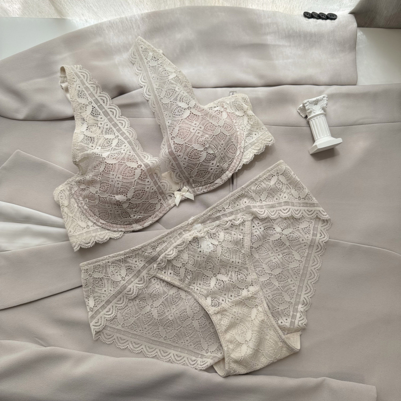 Set podprsenky s francúzskou čipkou, štýl Pure Desire; nylon, 3/4 košík, neformovaný košík, hlboký chrbát, pevné dvojité ramienka, zadné zapínanie na dve rady háčikov, push-up a priedušné