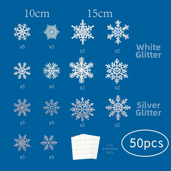 50 kusov dutých snehových vločiek pre zimnú tému — vločky z glitrového papiera s lepiacimi bodmi, značka Pinjian, balenie v OPP vrecku, vlastné spracovanie