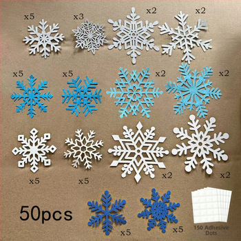 50 kusov dutých snehových vločiek pre zimnú tému — vločky z glitrového papiera s lepiacimi bodmi, značka Pinjian, balenie v OPP vrecku, vlastné spracovanie