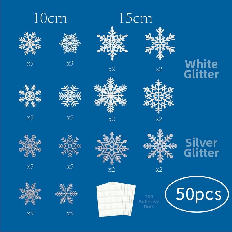 50 kusov dutých snehových vločiek pre zimnú tému — vločky z glitrového papiera s lepiacimi bodmi, značka Pinjian, balenie v OPP vrecku, vlastné spracovanie