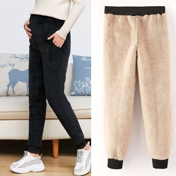 Tehotenské nohavice s flísovým podšitím, hrubé a teplé na zimu, podpora brucha, velúr látka, polyester 95%+