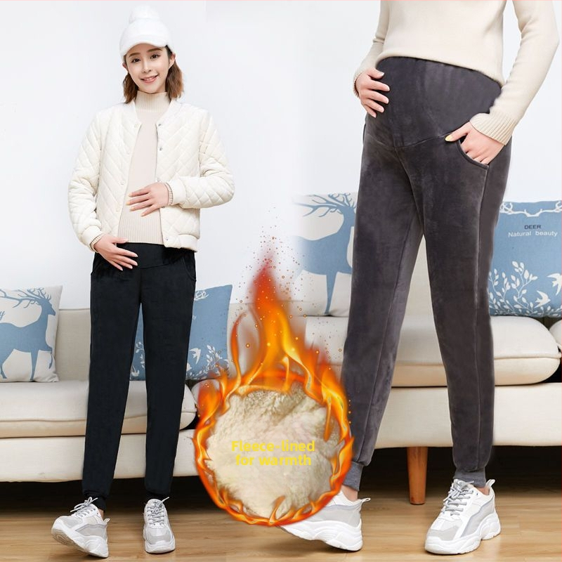 Tehotenské nohavice s flísovým podšitím, hrubé a teplé na zimu, podpora brucha, velúr látka, polyester 95%+