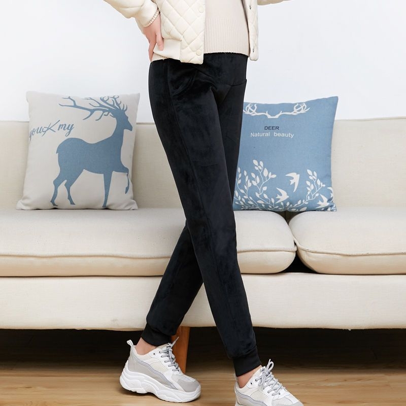 Tehotenské nohavice s flísovým podšitím, hrubé a teplé na zimu, podpora brucha, velúr látka, polyester 95%+