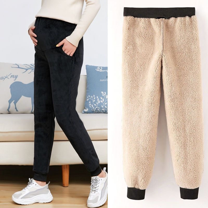 Tehotenské nohavice s flísovým podšitím, hrubé a teplé na zimu, podpora brucha, velúr látka, polyester 95%+