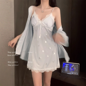 Dámska nočná košieľka s motýľovými ramienkami, Ice Silk materiál, V-krk, bez rukávov, mini dĺžka