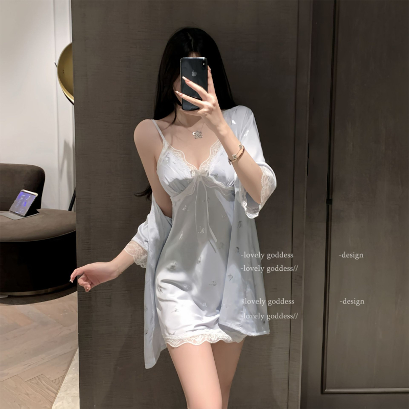 Dámska nočná košieľka s motýľovými ramienkami, Ice Silk materiál, V-krk, bez rukávov, mini dĺžka