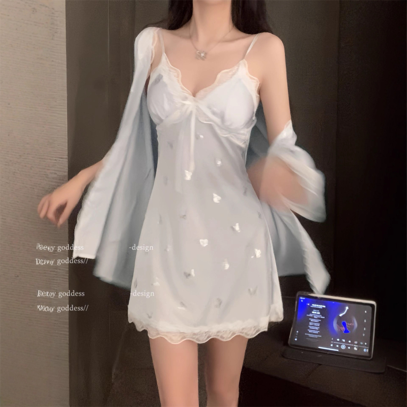 Dámska nočná košieľka s motýľovými ramienkami, Ice Silk materiál, V-krk, bez rukávov, mini dĺžka