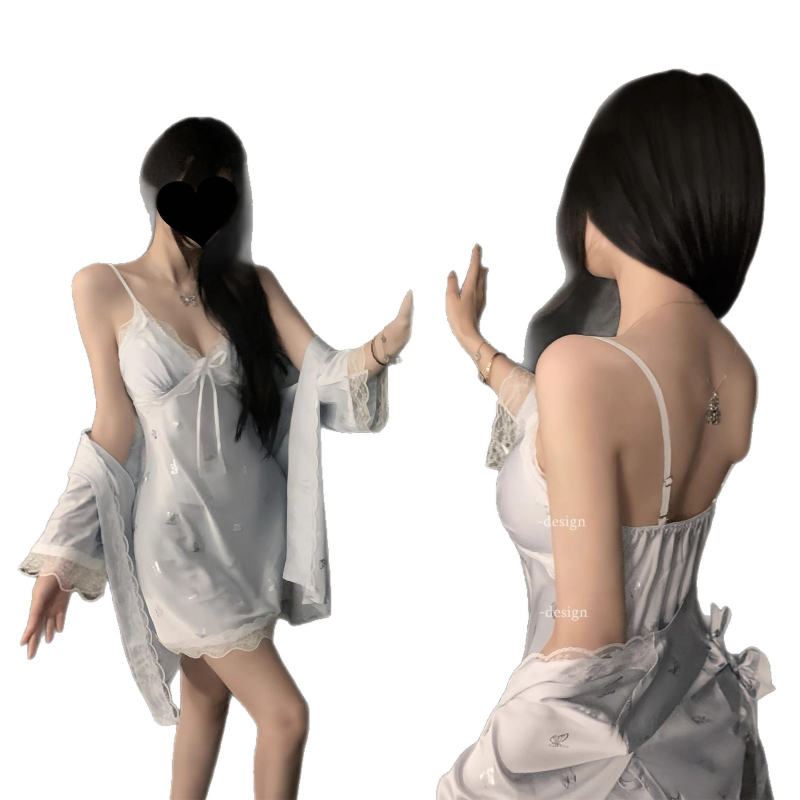 Dámska nočná košieľka s motýľovými ramienkami, Ice Silk materiál, V-krk, bez rukávov, mini dĺžka