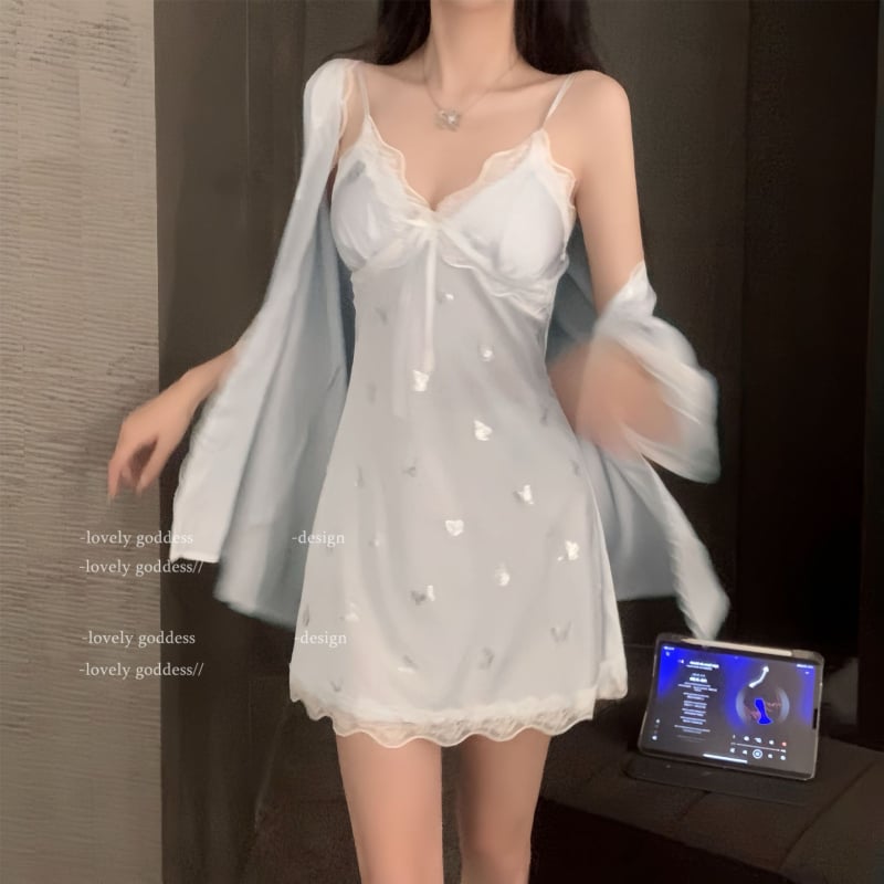 Dámska nočná košieľka s motýľovými ramienkami, Ice Silk materiál, V-krk, bez rukávov, mini dĺžka