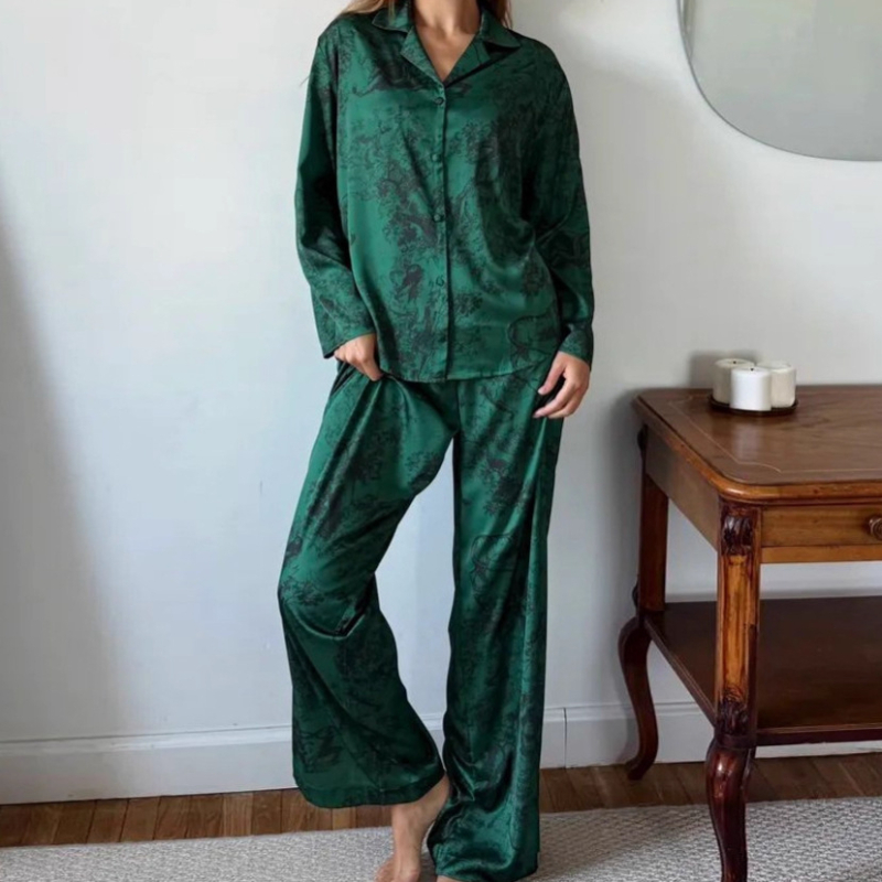 Set de pijamale din două piese - top cu mânecă lungă imprimat și pantaloni lungi, stil Euro-American, țesătură țesută 181-200 g/m²