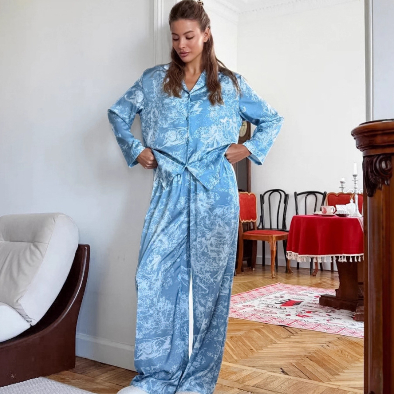Set de pijamale din două piese - top cu mânecă lungă imprimat și pantaloni lungi, stil Euro-American, țesătură țesută 181-200 g/m²