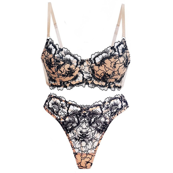 Francia stílusú csipkés melltartó készlet, 3/4-es kosárral, habos kosárkákkal, acélgyűrű és 10% spandex bélés