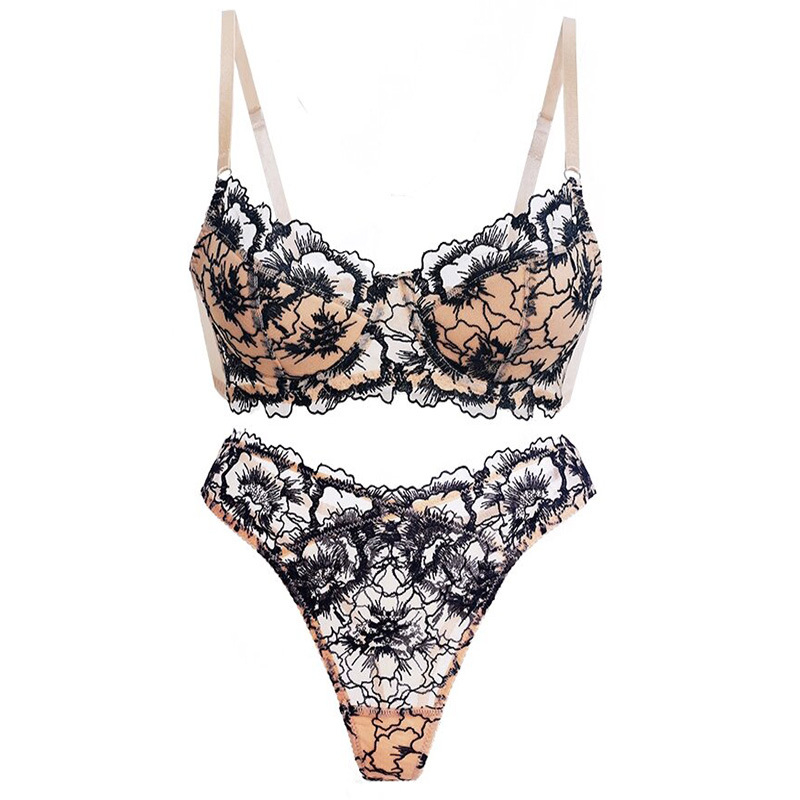 Francia stílusú csipkés melltartó készlet, 3/4-es kosárral, habos kosárkákkal, acélgyűrű és 10% spandex bélés