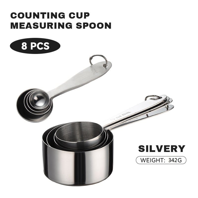 Sada meracích lyžíc a pohárov na pečenie, 8-dielna, 430 nerezová oceľ, s meracou stupnicou