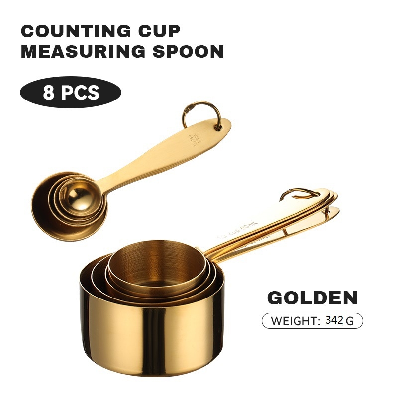 Sada meracích lyžíc a pohárov na pečenie, 8-dielna, 430 nerezová oceľ, s meracou stupnicou