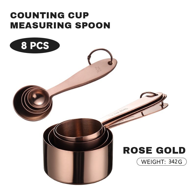 Sada meracích lyžíc a pohárov na pečenie, 8-dielna, 430 nerezová oceľ, s meracou stupnicou