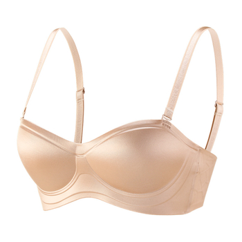 Push-up podprsenka bez ramienok, mäkká bezšvová podpora, odnímateľné dvojité ramienka, pevné košíčky, tvarované košíčky s tenkým horným a hrubým spodným dielom, podšívka zo Spandexu
