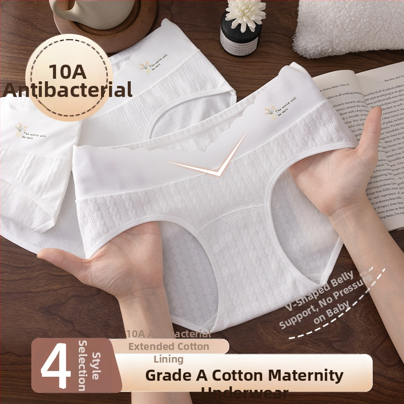 Grūtnieču apakšveļa ar zemu jostu un vēdera atbalstu; elpojoša, antibakteriāla; galvenais audums 95–100% kokvilna; starplīnē 100% kokvilna.