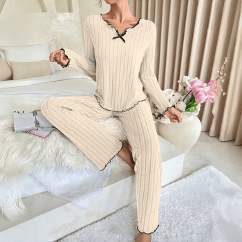 Dámsky nočný set z Brushed Rib (V-krk · dlhé rukávy · dlhé nohavice · 95% polyester, 5% spandex)