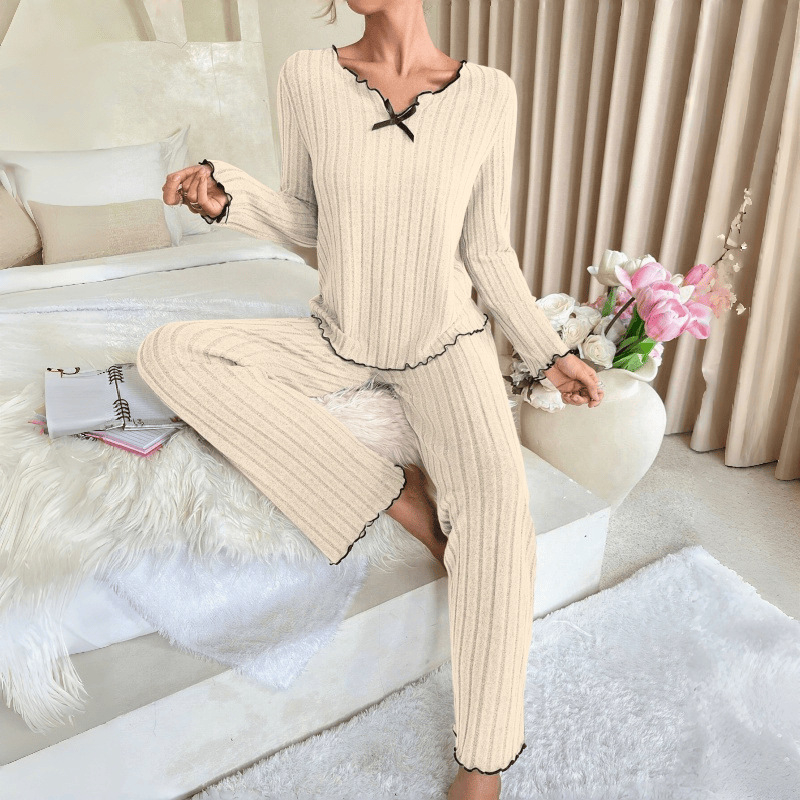 Dámsky nočný set z Brushed Rib (V-krk · dlhé rukávy · dlhé nohavice · 95% polyester, 5% spandex)