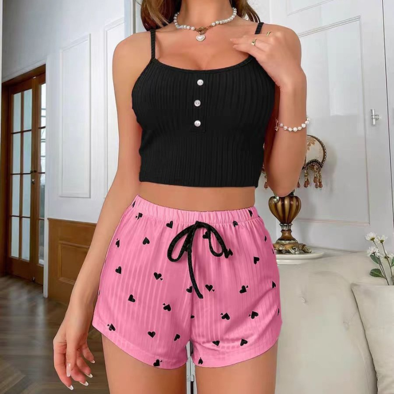 Ženský pyžamový set v európsko-americkom štýle: top bez rukávov s kulatým výstrihom a šortky, polyesterová tkanina, ľahký a pohodlný na spanie a doma.