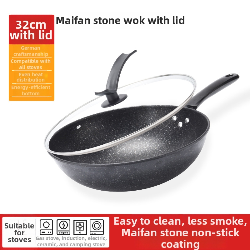 Onijia WOK z Maifanového kameňa - nepriľnavý, bez oleja, ploché dno, kompatibilný s indukciou, sklenené veko