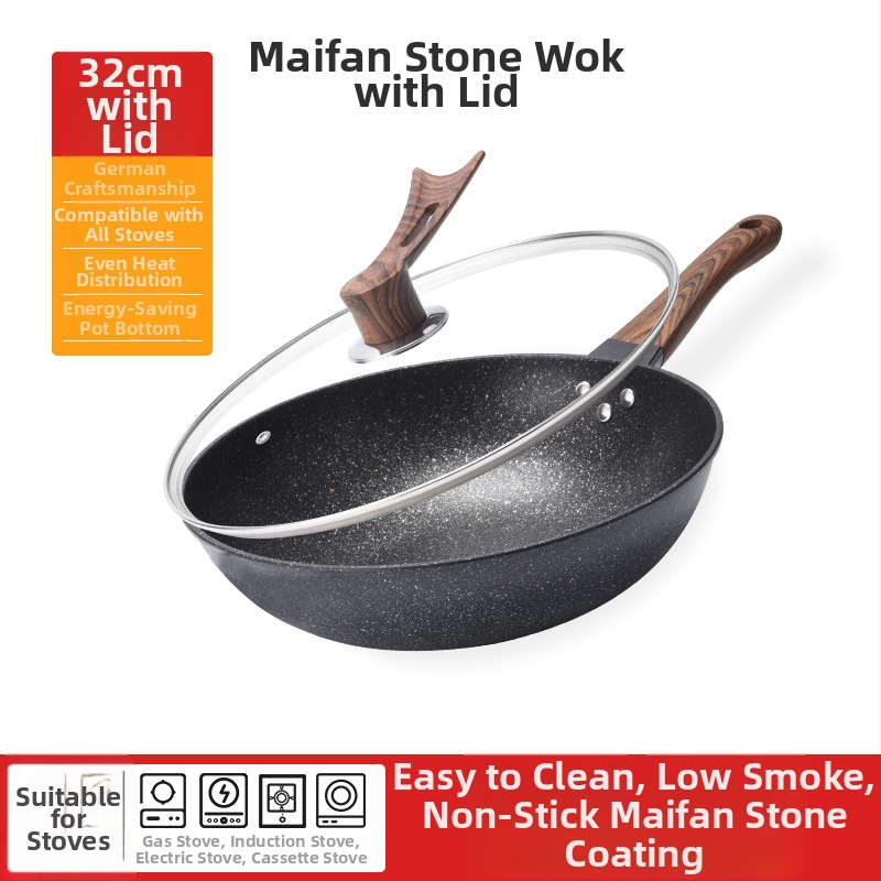 Onijia WOK z Maifanového kameňa - nepriľnavý, bez oleja, ploché dno, kompatibilný s indukciou, sklenené veko