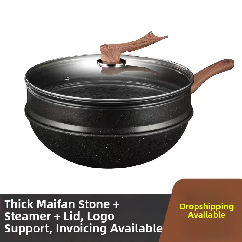 Onijia WOK z Maifanového kameňa - nepriľnavý, bez oleja, ploché dno, kompatibilný s indukciou, sklenené veko