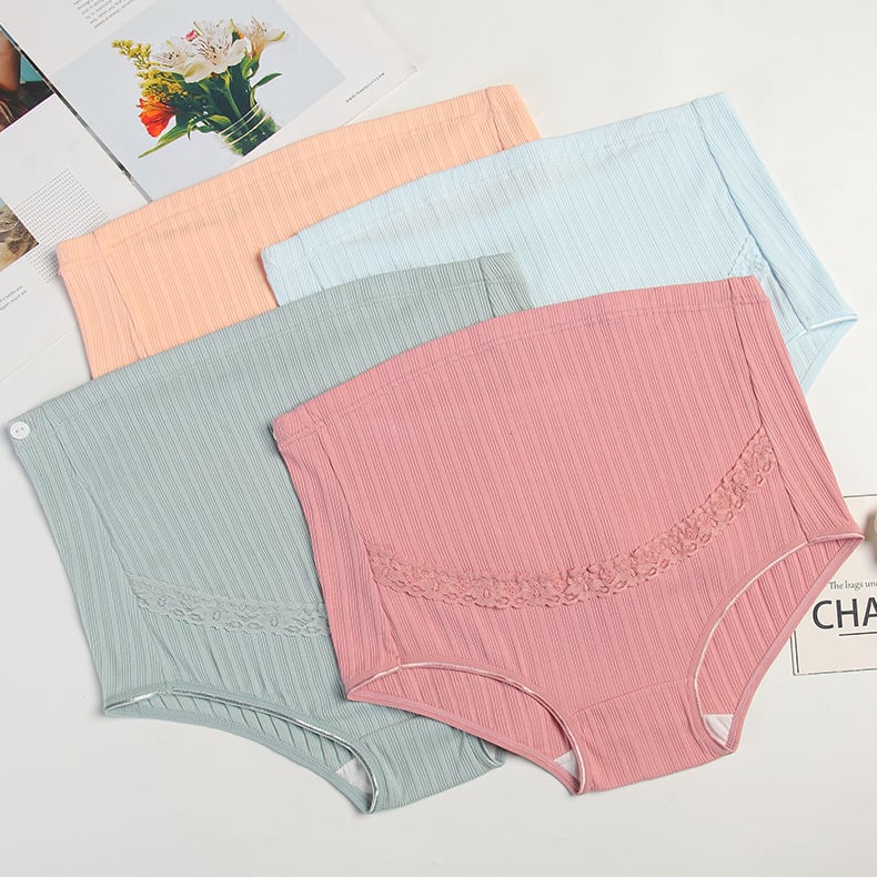 4-dielny set tehotenskej spodnej bielizne s vysokým pásom – priedušný, nastaviteľná podpora tehotenstva; pletenina z čistého bavlneného materiálu, 100% bavlna v rozkroku