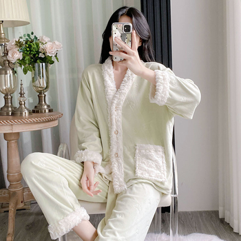 Set de pijama pentru femei - Poliester 95–100%, Țesătură groasă, Mâneci lungi, Decolteu în V, Pantaloni lungi