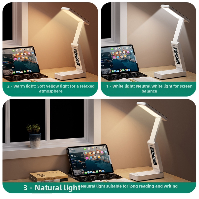 Sklopná stolná lampa s hodinami a zabudovaným power bankom, dotykový vypínač, 7W, CRI ≥95, CE certifikát