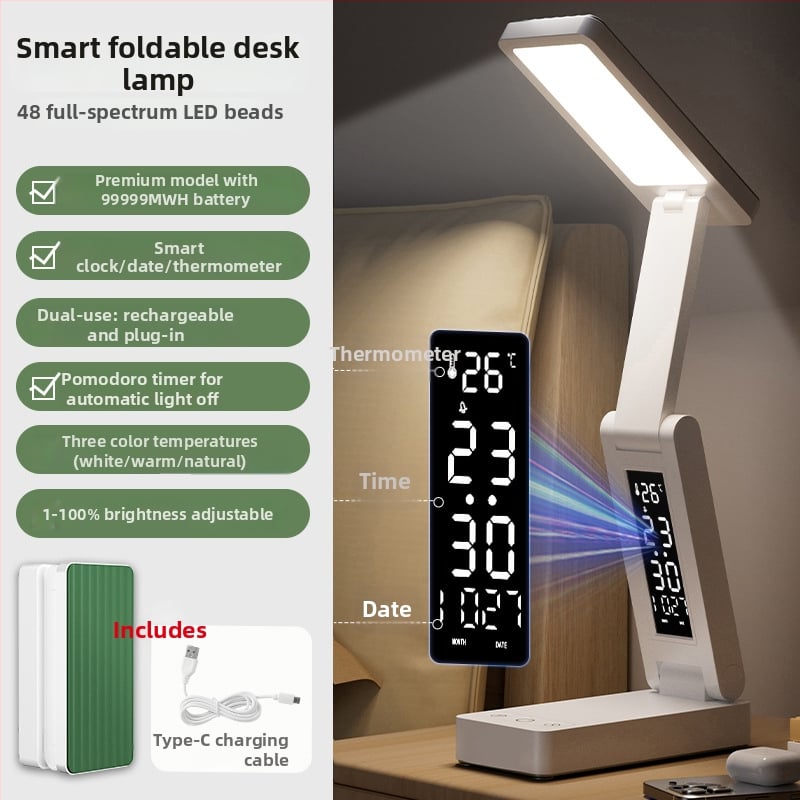 Sklopná stolná lampa s hodinami a zabudovaným power bankom, dotykový vypínač, 7W, CRI ≥95, CE certifikát