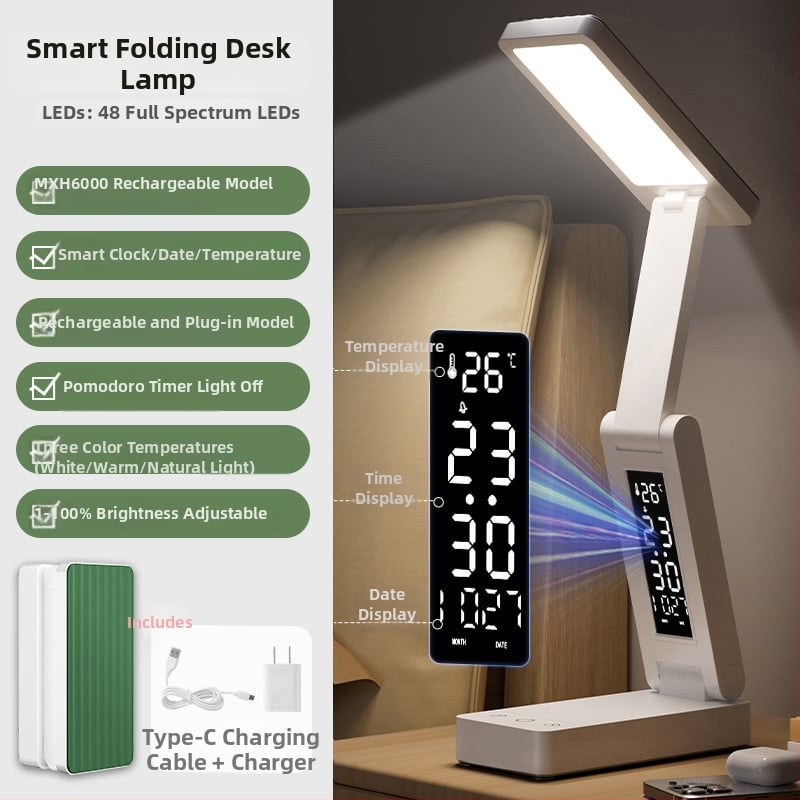 Sklopná stolná lampa s hodinami a zabudovaným power bankom, dotykový vypínač, 7W, CRI ≥95, CE certifikát