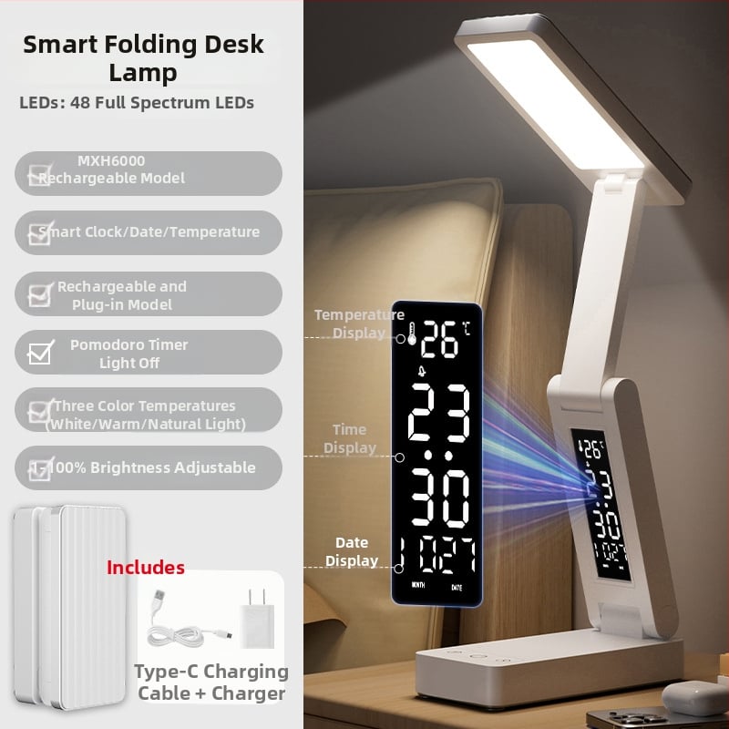 Sklopná stolná lampa s hodinami a zabudovaným power bankom, dotykový vypínač, 7W, CRI ≥95, CE certifikát