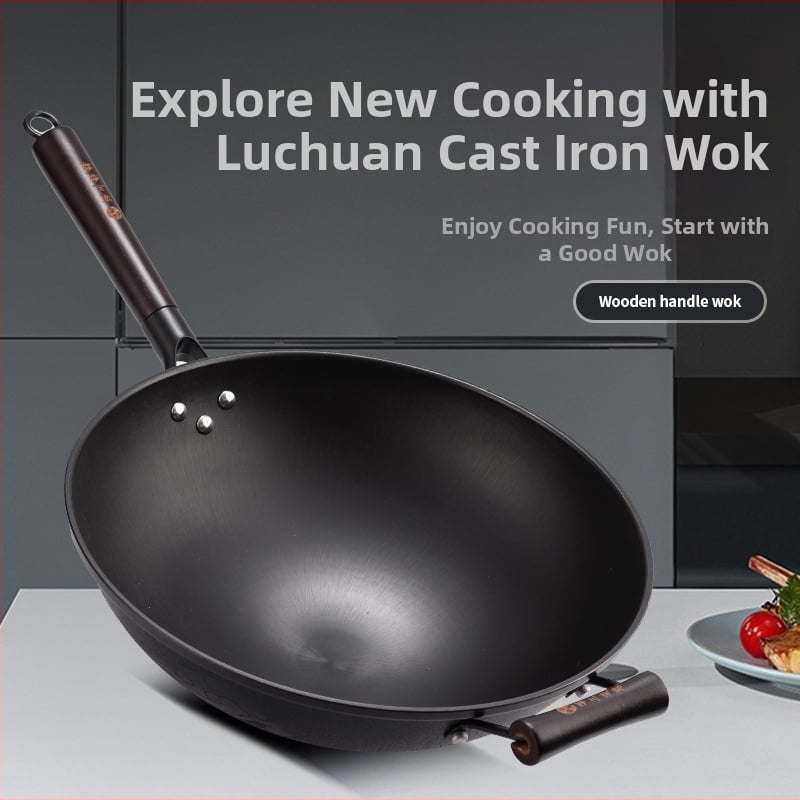 Wok z liatiny – čínskeho štýlu, kompatibilný s plynovým sporákom, jednovrstvové dno, sklenený pokrievka z nehrdzavejúcej ocele