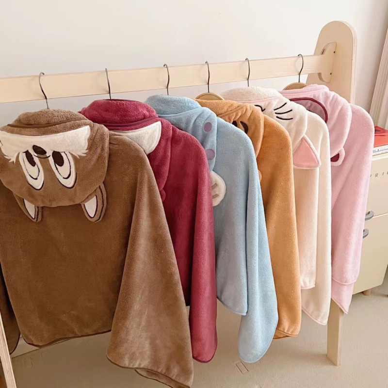 Детска кърпа за баня с качулка, корал-флийс, абсорбираща 300–400 г, 150D прежда, подгъв