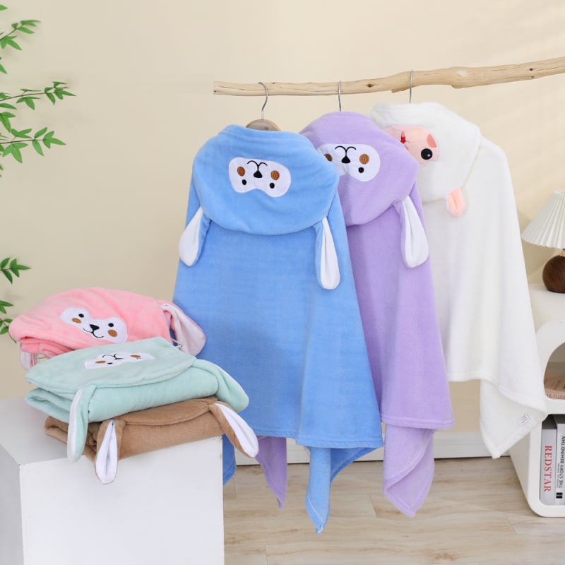 Παιδικό μπουρνούζι μπάνιου με κουκούλα από φλις κοραλλιών, γρήγορο στέγνωμα, 200–300 g, 150D, κέντημα και ραφή