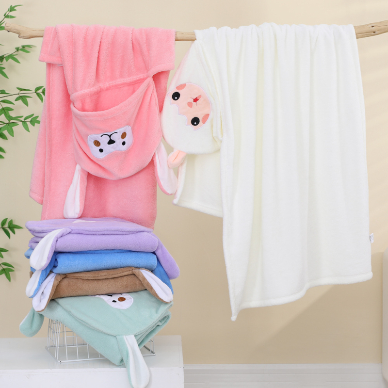 Παιδικό μπουρνούζι μπάνιου με κουκούλα από φλις κοραλλιών, γρήγορο στέγνωμα, 200–300 g, 150D, κέντημα και ραφή