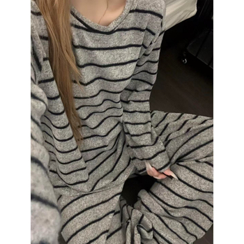 Set de pijamale de dormit cu design în dungi de stil coreean, fleece german, țesătură groasă 251–300 g/m², guler rotund, mâneci lungi, pantaloni lungi, pentru toamnă și iarnă