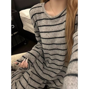 Set de pijamale de dormit cu design în dungi de stil coreean, fleece german, țesătură groasă 251–300 g/m², guler rotund, mâneci lungi, pantaloni lungi, pentru toamnă și iarnă