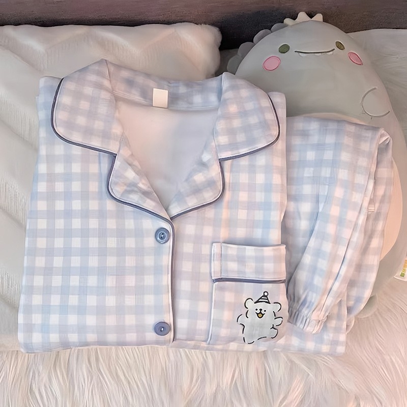 Set de pijamale de dormit cu design în dungi de stil coreean, fleece german, țesătură groasă 251–300 g/m², guler rotund, mâneci lungi, pantaloni lungi, pentru toamnă și iarnă