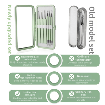 Sada nástrojov na liečbu akné, 5 kusov, nerezová oceľ, s zrkadlom, model fcztz-03