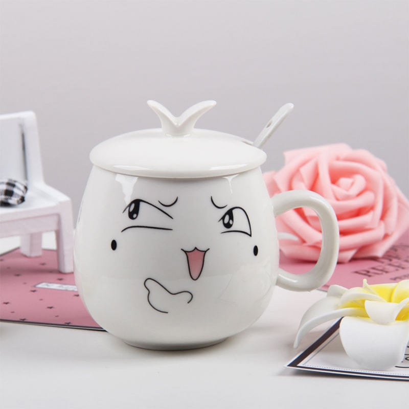 Keramický raňajkový pohár s viečkom a lyžičkou — Kórejský štýl, pre seniorov (Materiál: keramika; Štýl: Kórejský; Vhodný pre seniorov; Medzinárodný export)