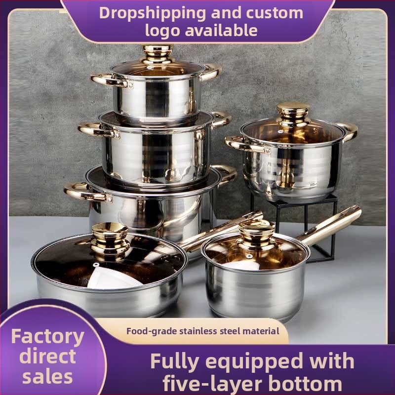 Nerezová súprava riadu, 12 dielov, 201 nerezová oceľ, viacvrstvový spodok, sklenené pokrievky, bez povlaku, kompatibilná s bežnými varnými doskami