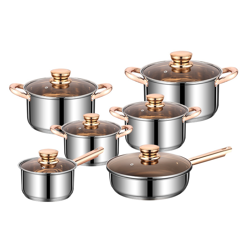 Nerezová súprava riadu, 12 dielov, 201 nerezová oceľ, viacvrstvový spodok, sklenené pokrievky, bez povlaku, kompatibilná s bežnými varnými doskami