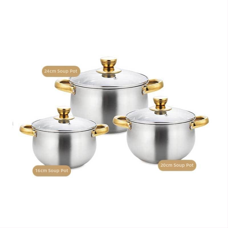 Nerezová súprava riadu, 12 dielov, 201 nerezová oceľ, viacvrstvový spodok, sklenené pokrievky, bez povlaku, kompatibilná s bežnými varnými doskami