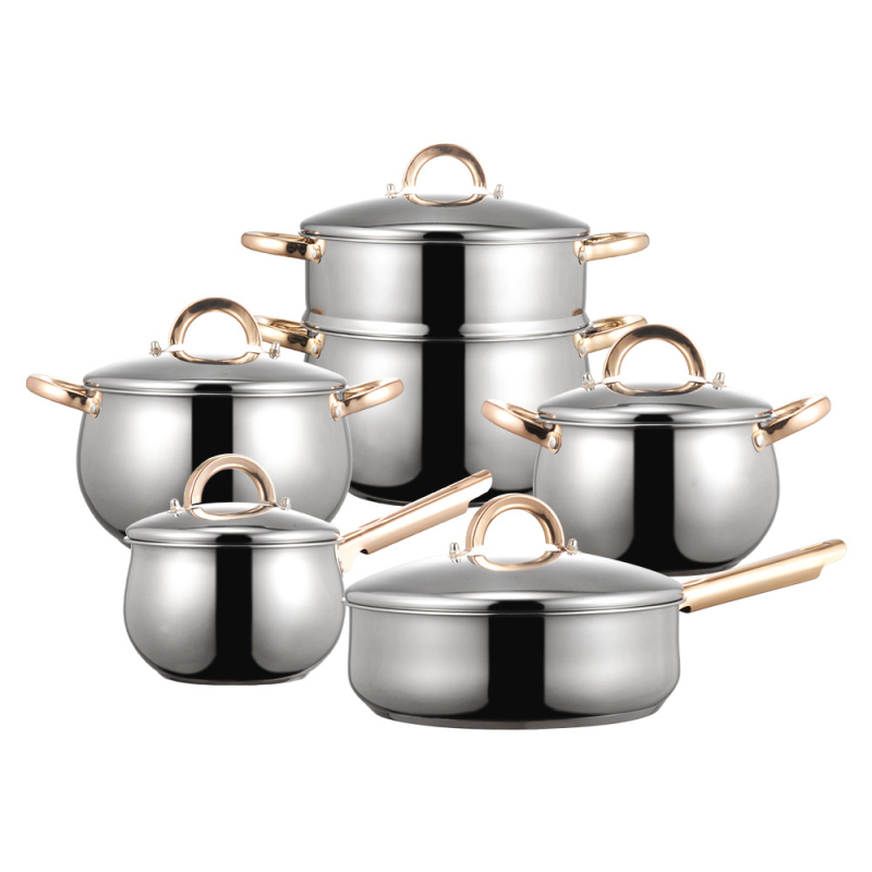 Nerezová súprava riadu, 12 dielov, 201 nerezová oceľ, viacvrstvový spodok, sklenené pokrievky, bez povlaku, kompatibilná s bežnými varnými doskami