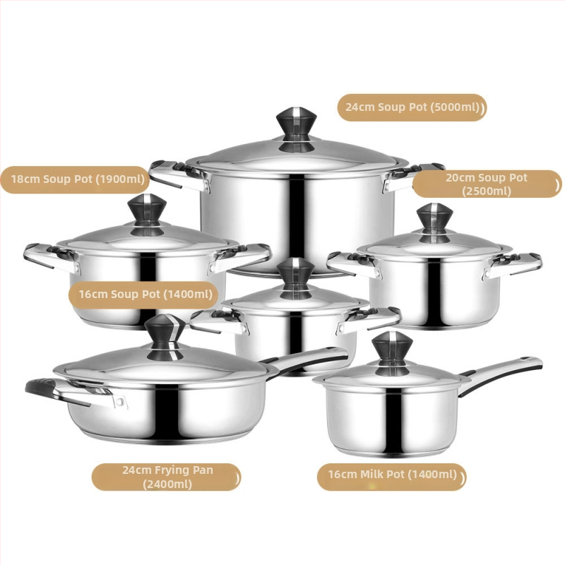 Nerezová súprava riadu, 12 dielov, 201 nerezová oceľ, viacvrstvový spodok, sklenené pokrievky, bez povlaku, kompatibilná s bežnými varnými doskami