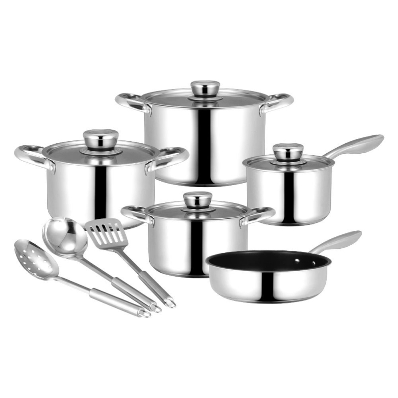 Nerezová súprava riadu, 12 dielov, 201 nerezová oceľ, viacvrstvový spodok, sklenené pokrievky, bez povlaku, kompatibilná s bežnými varnými doskami